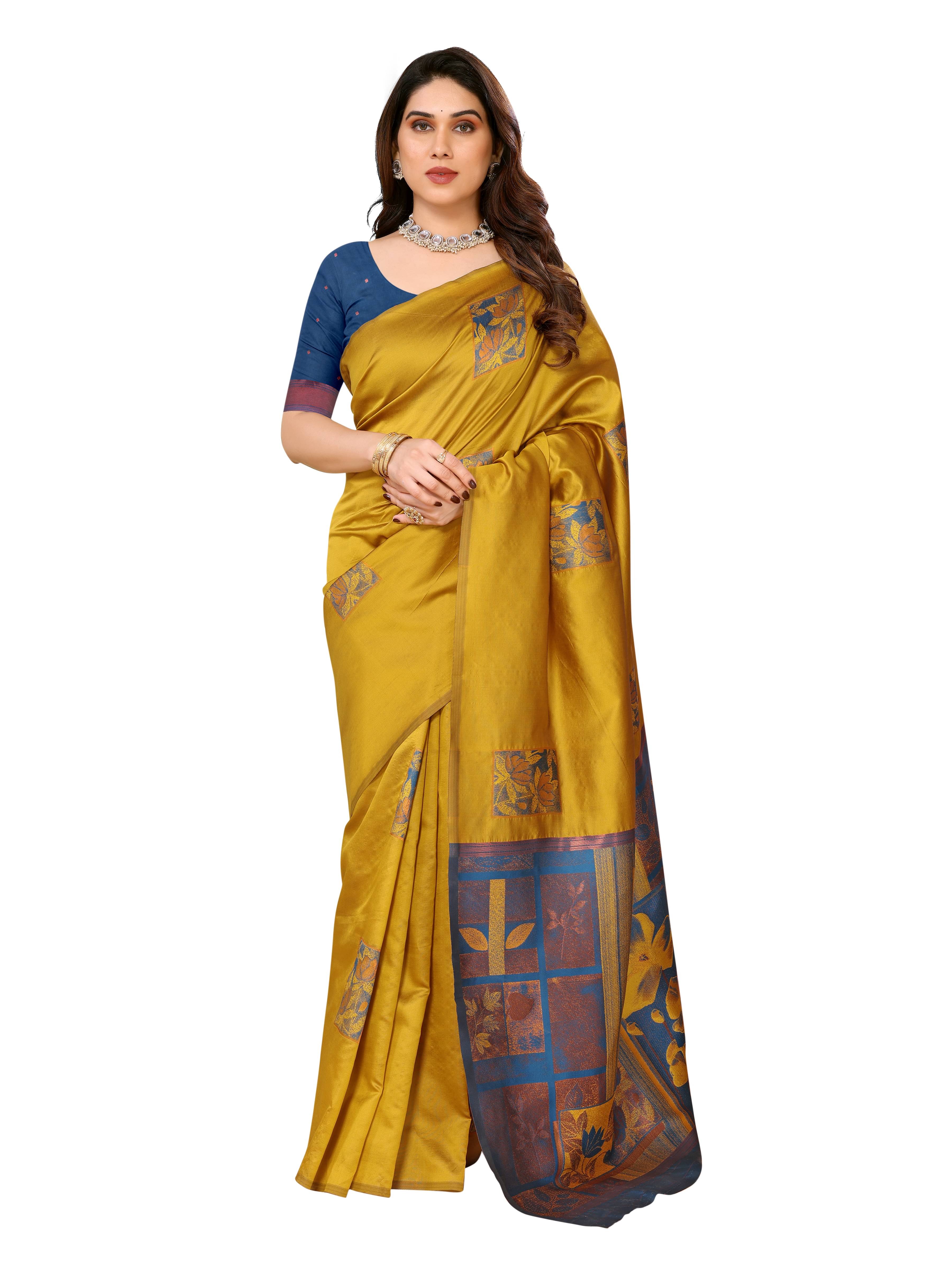     			Sidhidata Jacquard Printed Saree With Unstitched Blouse Piece ( Mustard )