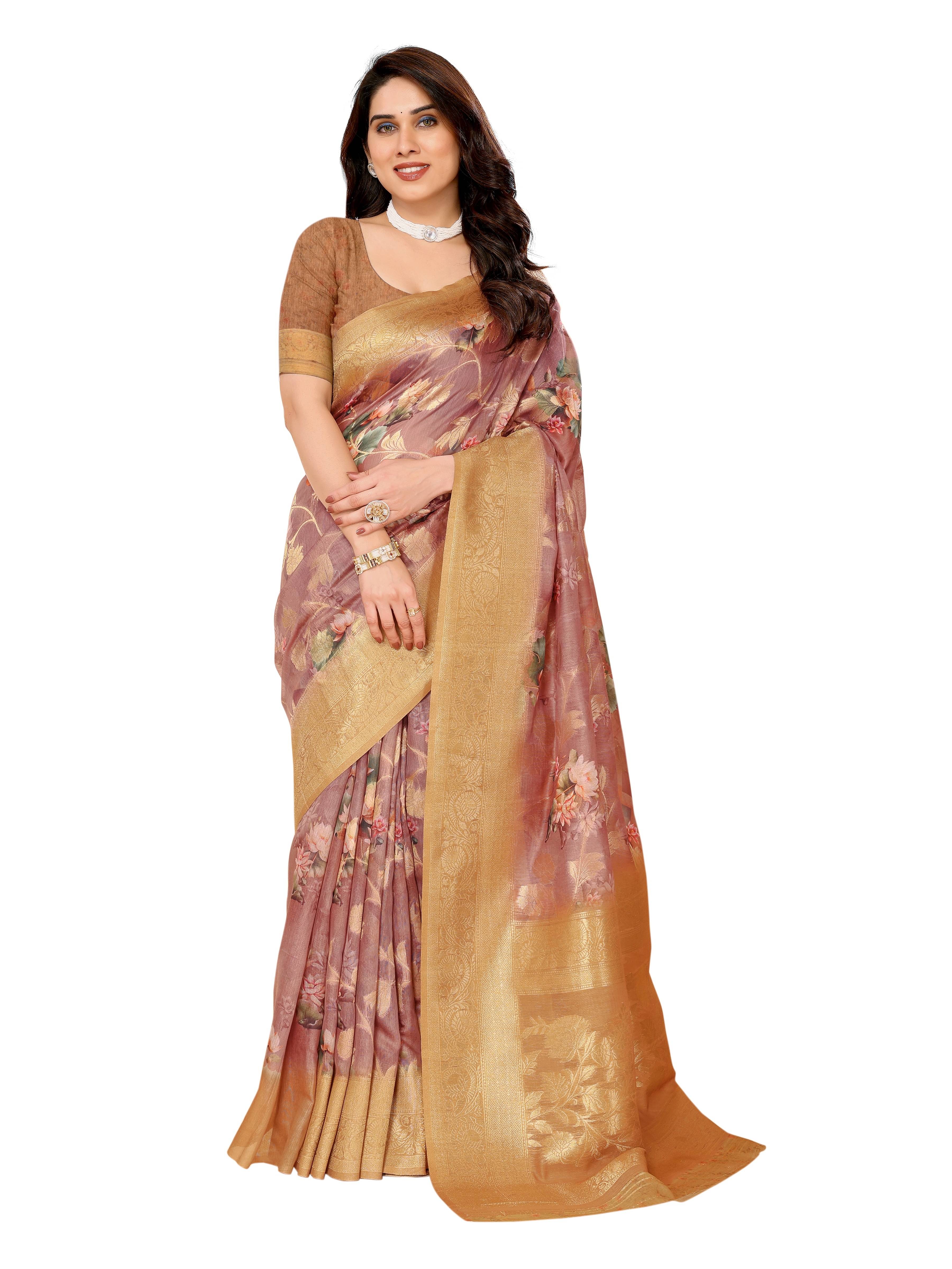 Sidhidata Silk Blend Printed Saree With Unstitched Blouse Piece ( Pink ) Sidhidata Silk Blend Printed Saree With Unstitched Blouse Piece ( Pink )