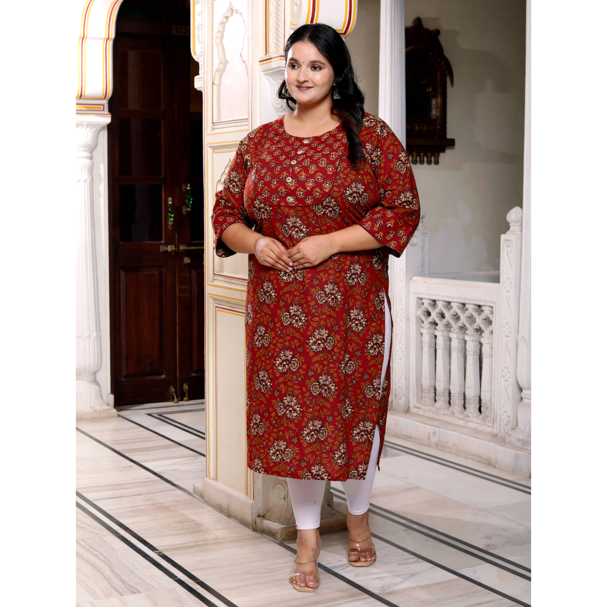     			Swasti Pack of 1 Cotton Printed Straight Women's Kurti - ( Maroon )