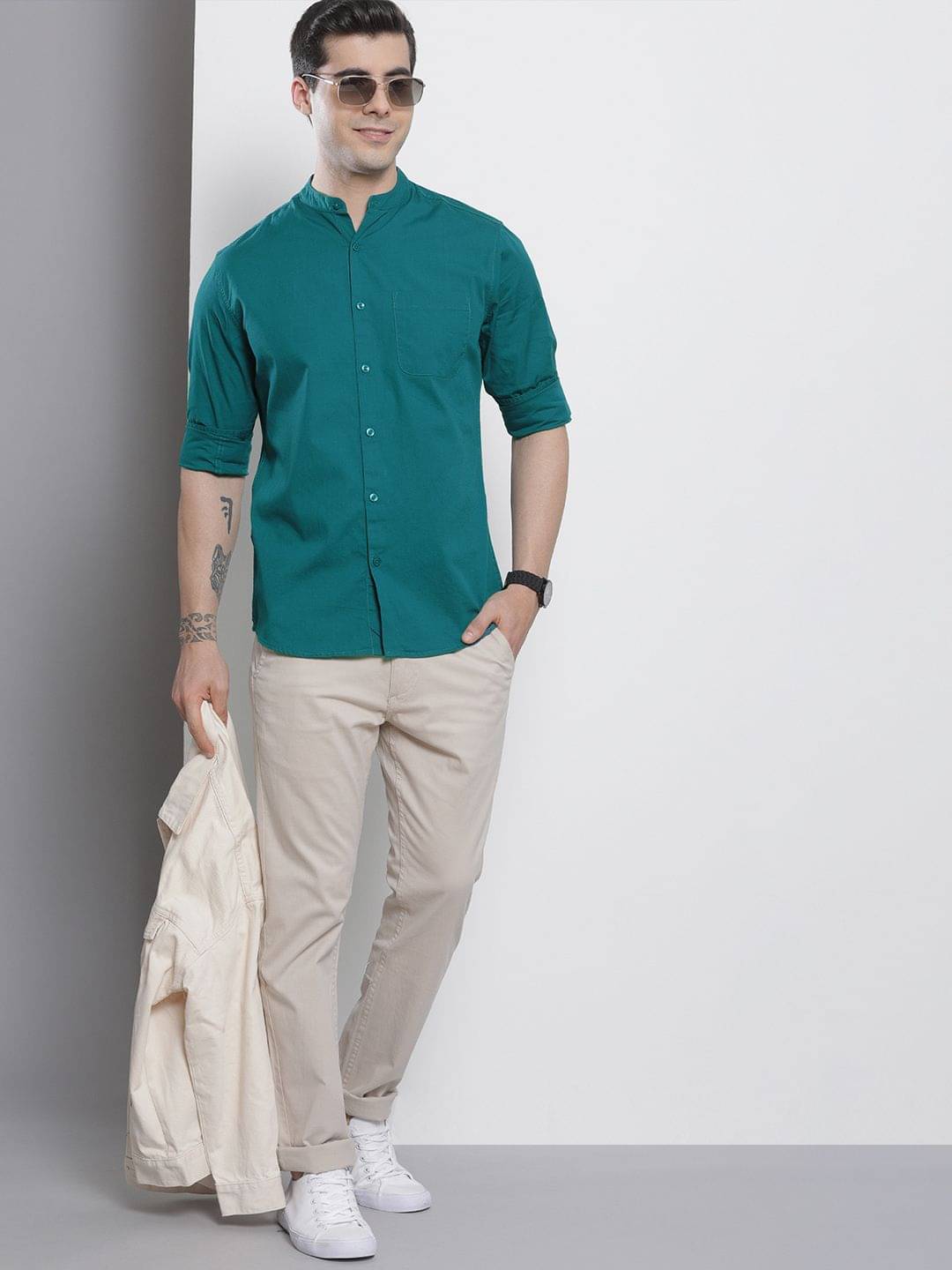 The Indian Garage Co Men Green Solid Cotton Casual Shirt The Indian Garage Co Men Green Solid Cotton Casual Shirt