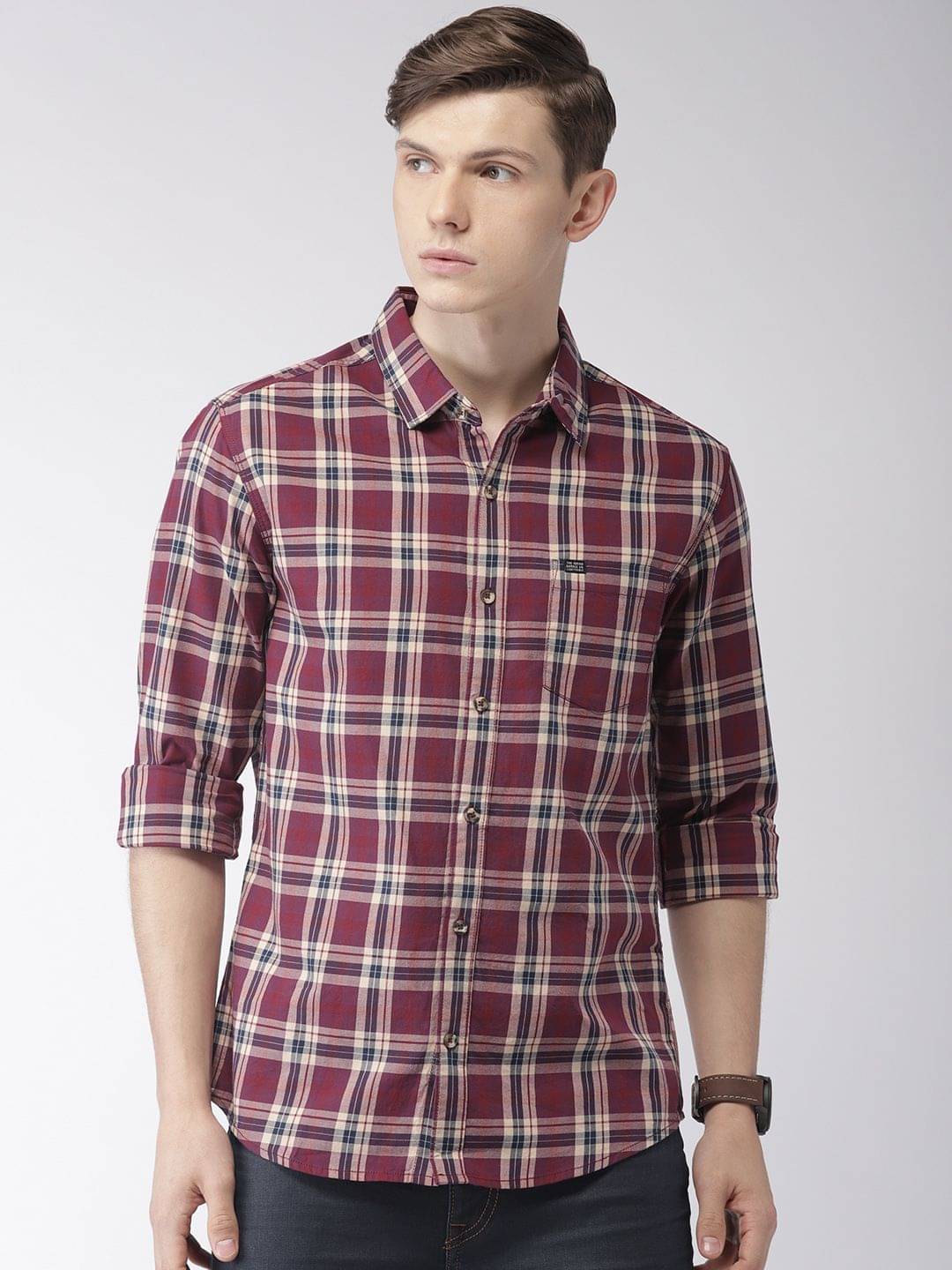The Indian Garage Co Men Maroon & Beige Regular Fit Checked Casual Shirt The Indian Garage Co Men Maroon & Beige Regular Fit Checked Casual Shirt