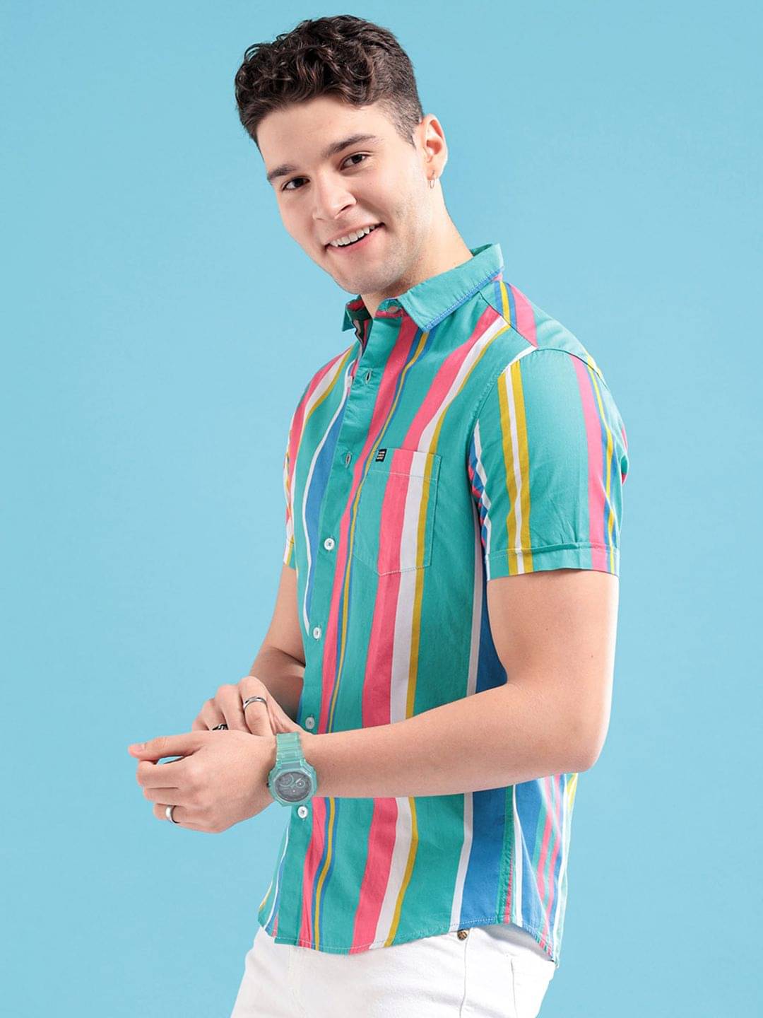 The Indian Garage Co Men Sea Green & Pink Striped Pure Cotton Casual