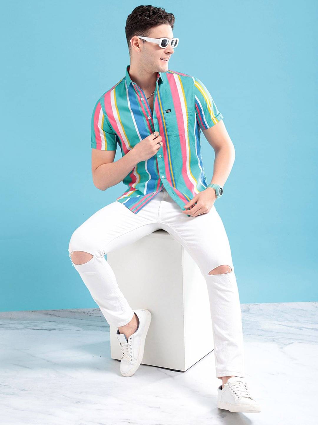 The Indian Garage Co Men Sea Green & Pink Striped Pure Cotton Casual
