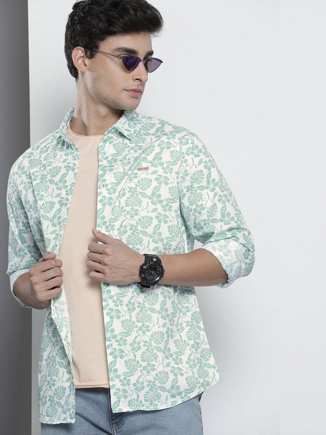 The Indian Garage Co Men Off White & Mint Green Slim Fit Tropical Printed Cotton Shirt The Indian Garage Co Men Off White & Mint Green Slim Fit Tropical Printed Cotton Shirt