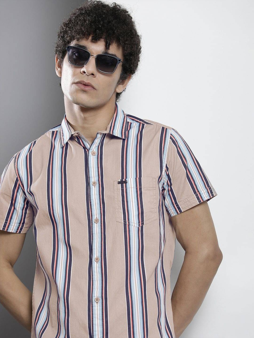 The Indian Garage Co Men Grey & Beige Striped Casual Shirt The Indian Garage Co Men Grey & Beige Striped Casual Shirt