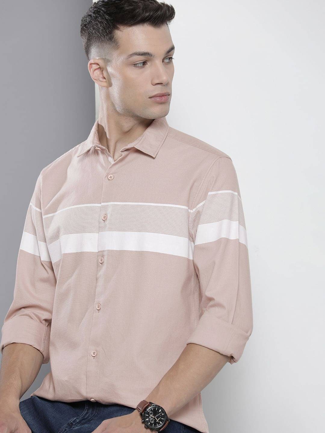 The Indian Garage Co Men Dusty Pink Horizontal Stripes Casual Cotton Shirt The Indian Garage Co Men Dusty Pink Horizontal Stripes Casual Cotton Shirt
