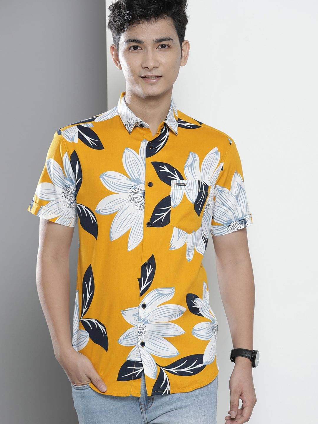 The Indian Garage Co Men Yellow Regular Fit Floral Opaque Printed Casual Shirt The Indian Garage Co Men Yellow Regular Fit Floral Opaque Printed Casual Shirt
