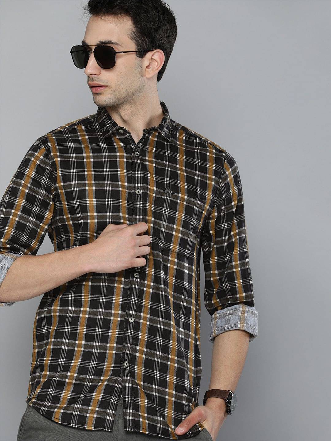 The Indian Garage Co Men Black & Khaki Slim Fit Tartan Checks Checked Casual Shirt     			The Indian Garage Co Men Black & Khaki Slim Fit Tartan Checks Checked Casual Shirt