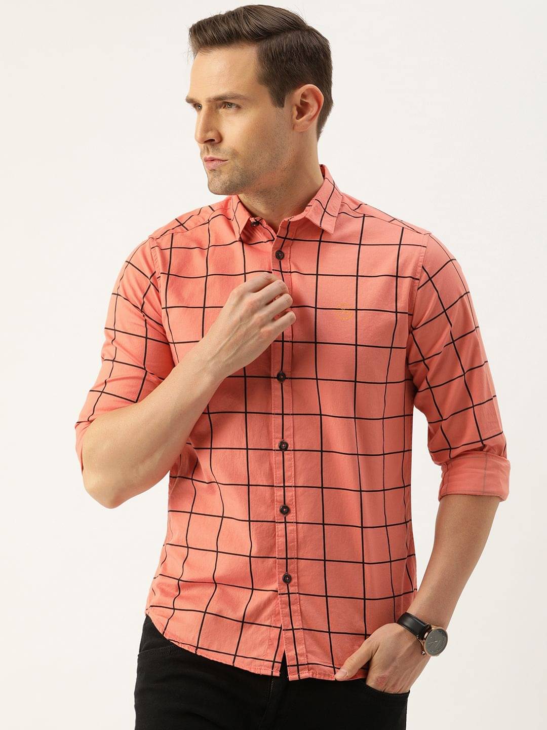 The Indian Garage Co Men Orange & Black Slim Fit Checked Casual Shirt     			The Indian Garage Co Men Orange & Black Slim Fit Checked Casual Shirt