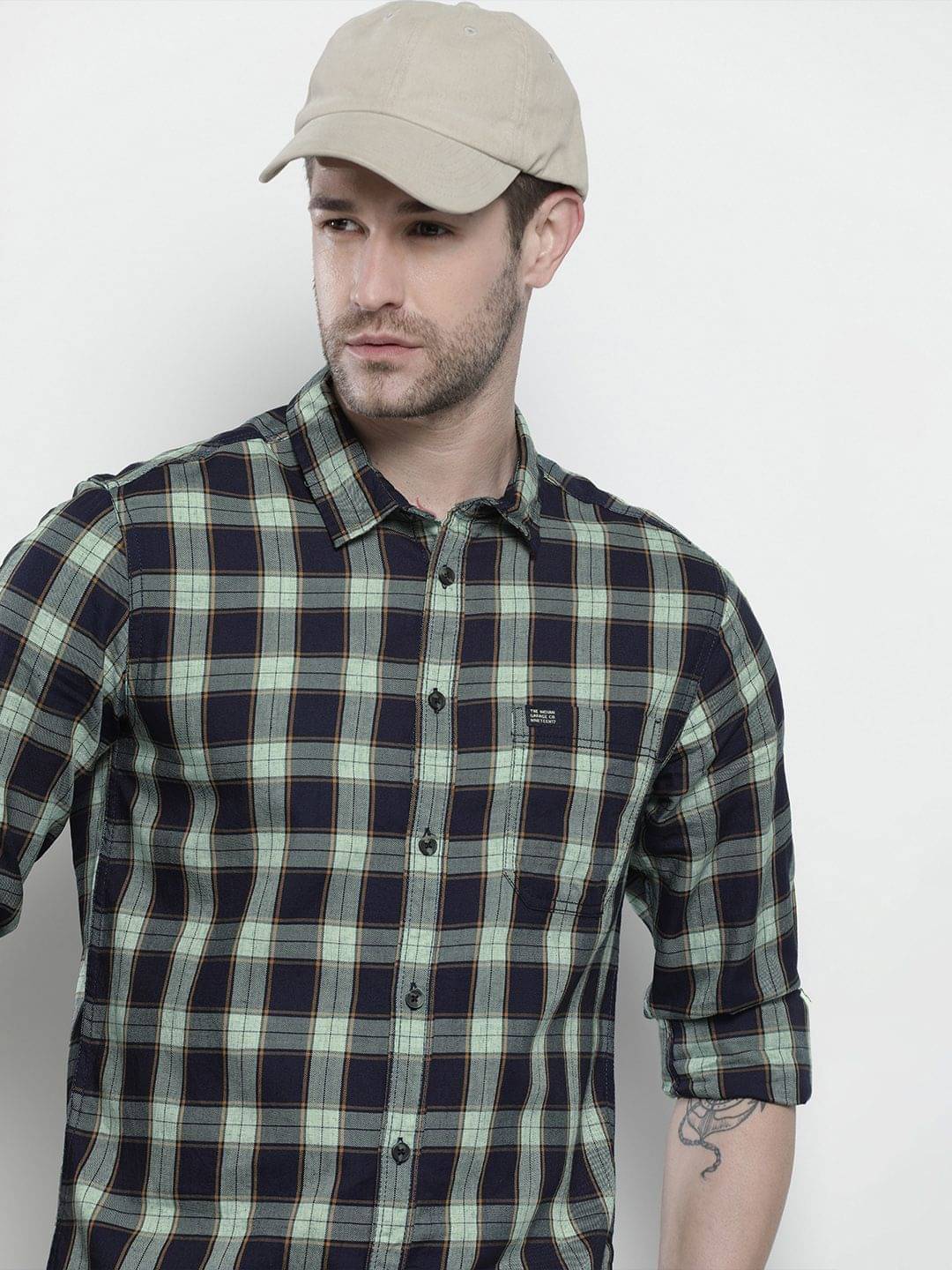     			The Indian Garage Co Men Navy Blue & Green Cotton Tartan Checks Checked Casual Shirt