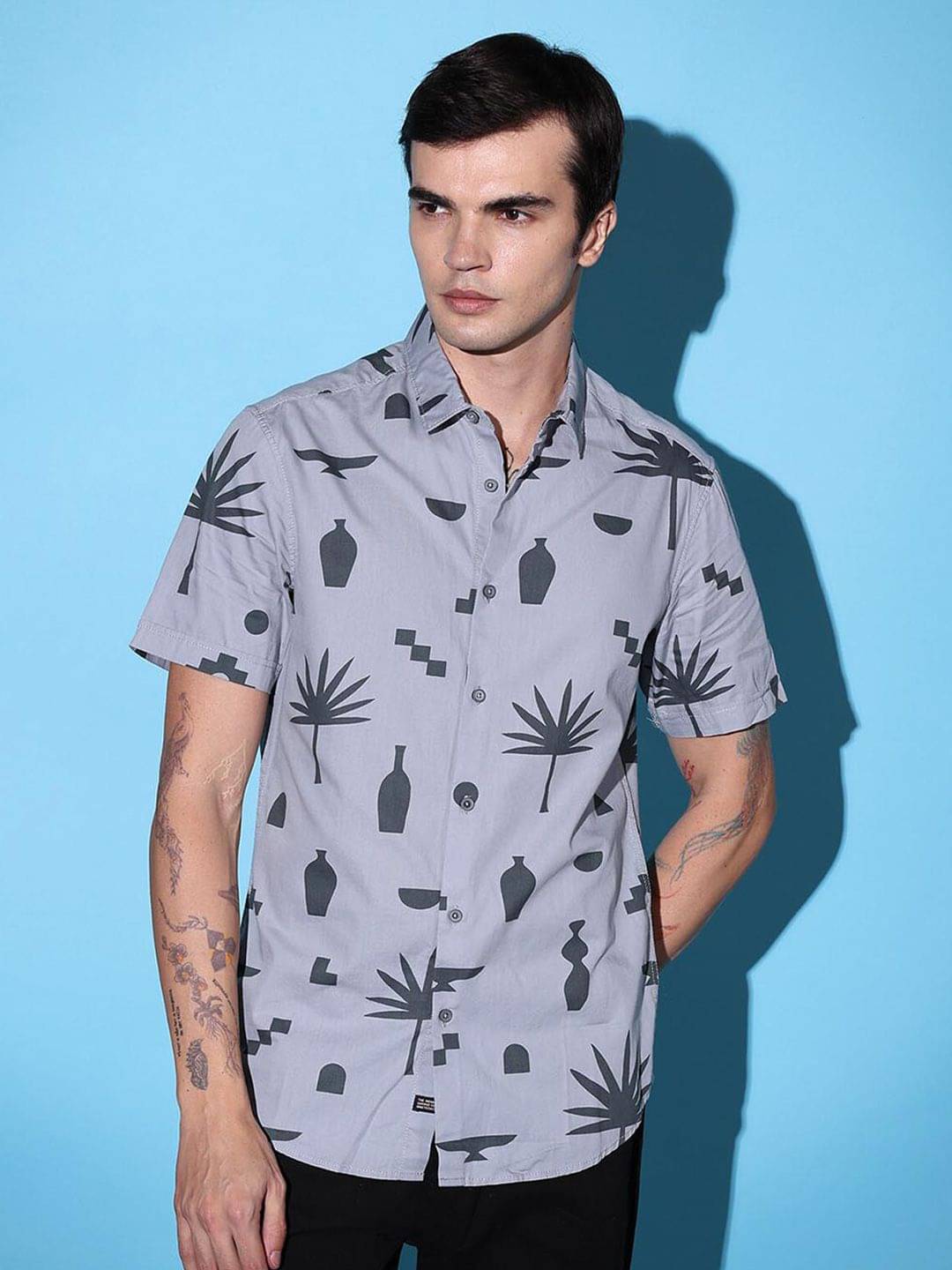 The Indian Garage Co Grey Slim Fit Conversational Printed Cotton Casual Shirt     			The Indian Garage Co Grey Slim Fit Conversational Printed Cotton Casual Shirt