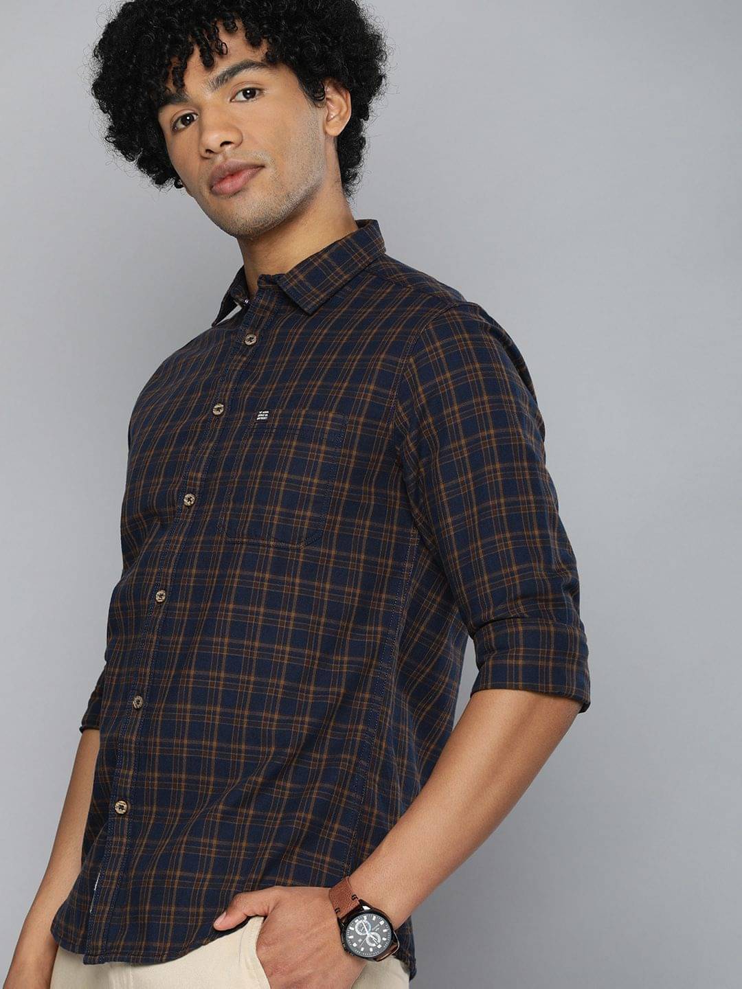 The Indian Garage Co Men Navy Blue & Brown Checked Casual Shirt The Indian Garage Co Men Navy Blue & Brown Checked Casual Shirt