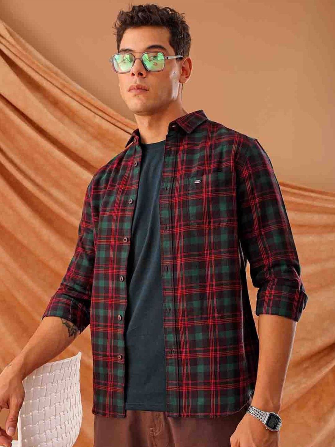     			The Indian Garage Co. Spread Collar Slim Fit Tartan Checks Cotton Casual Shirt