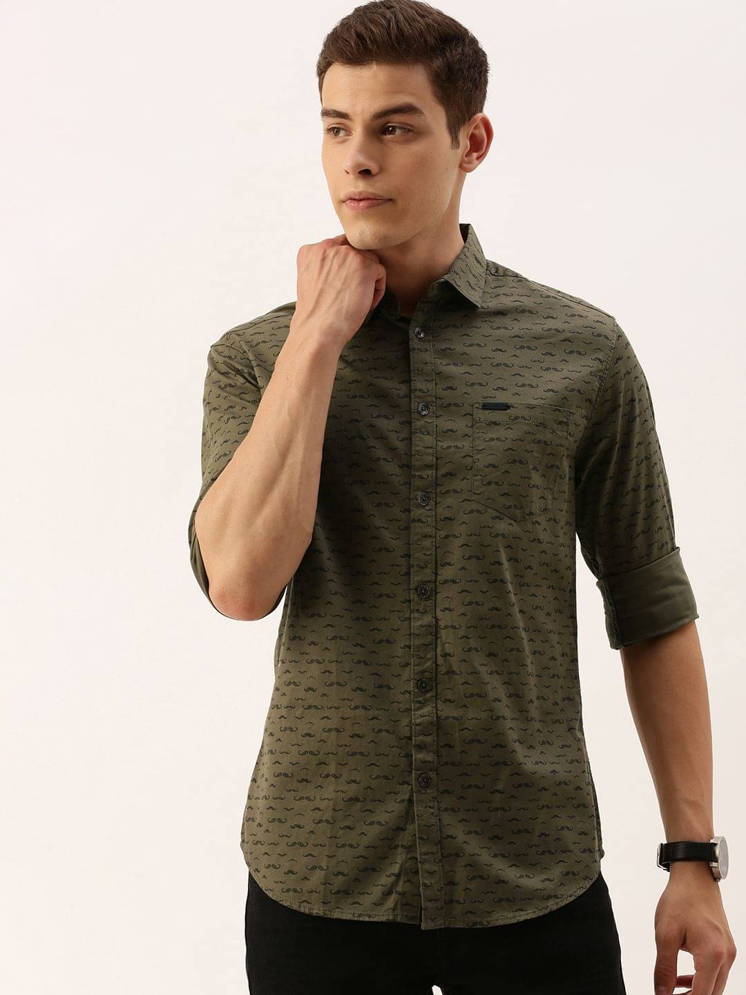 The Indian Garage Co Men Olive Green & Black Slim Fit Conversational Printed Casual Shirt The Indian Garage Co Men Olive Green & Black Slim Fit Conversational Printed Casual Shirt