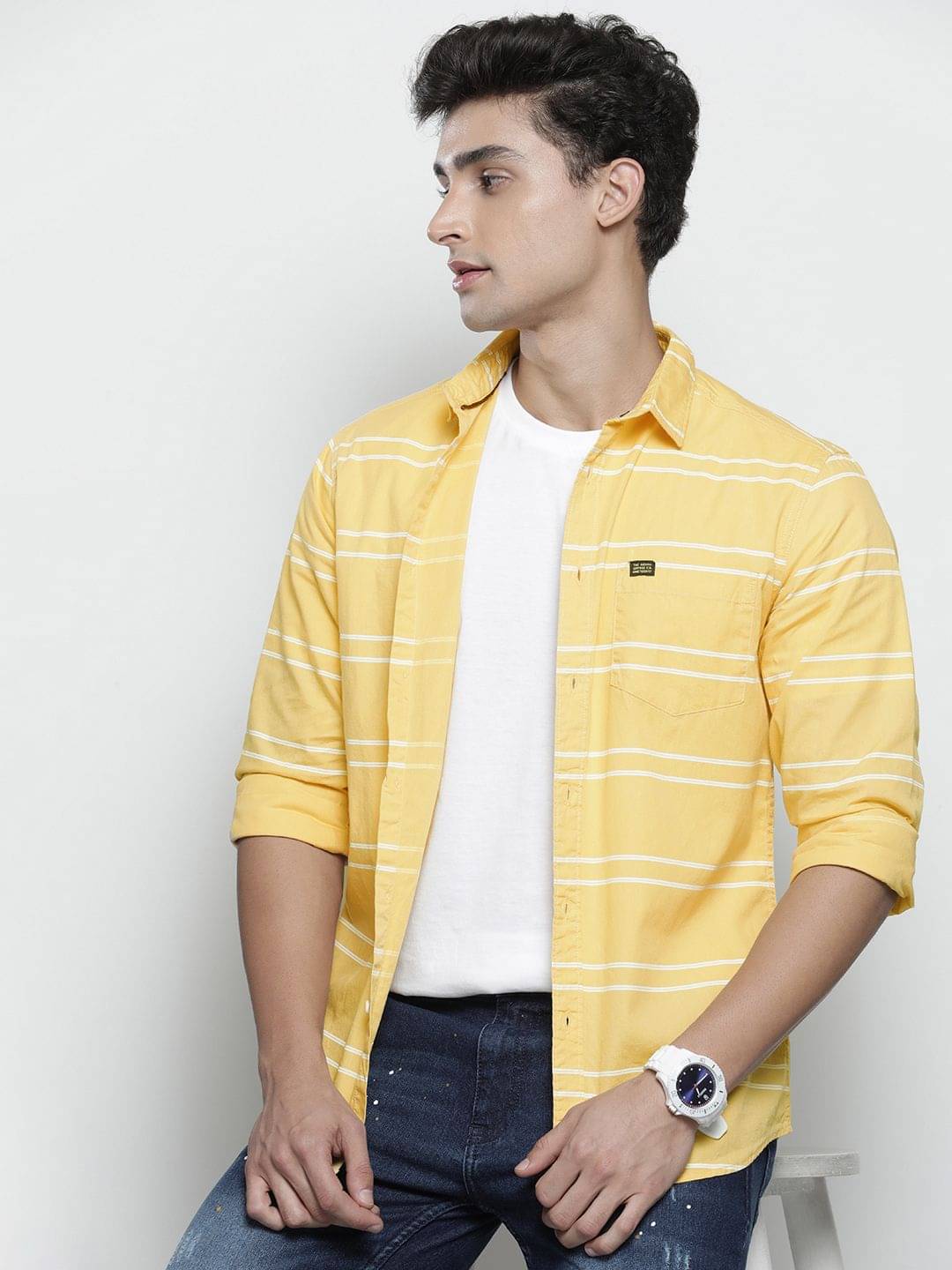     			The Indian Garage Co Men Yellow & White Horizontal Striped Cotton Casual Shirt