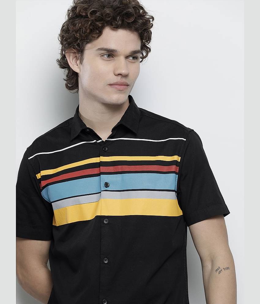 The Indian Garage Co Men Black & Yellow Comfort Horizontal Striped Cotton Shirt