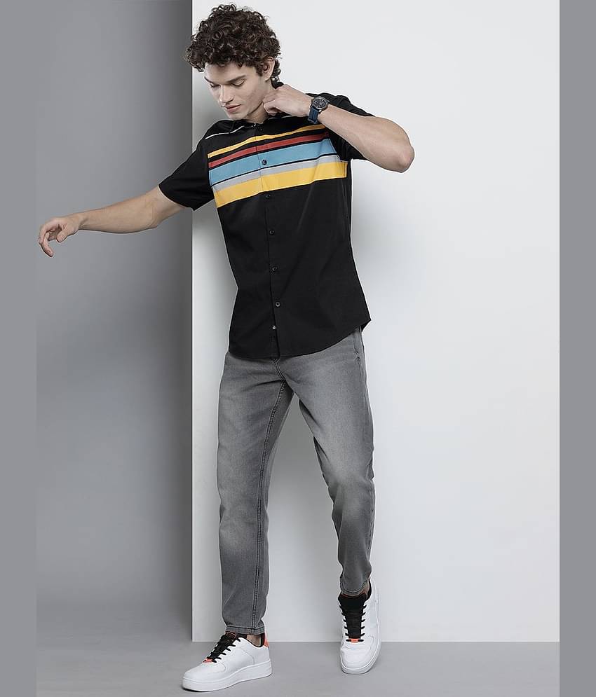 The Indian Garage Co Men Black & Yellow Comfort Horizontal Striped Cotton Shirt