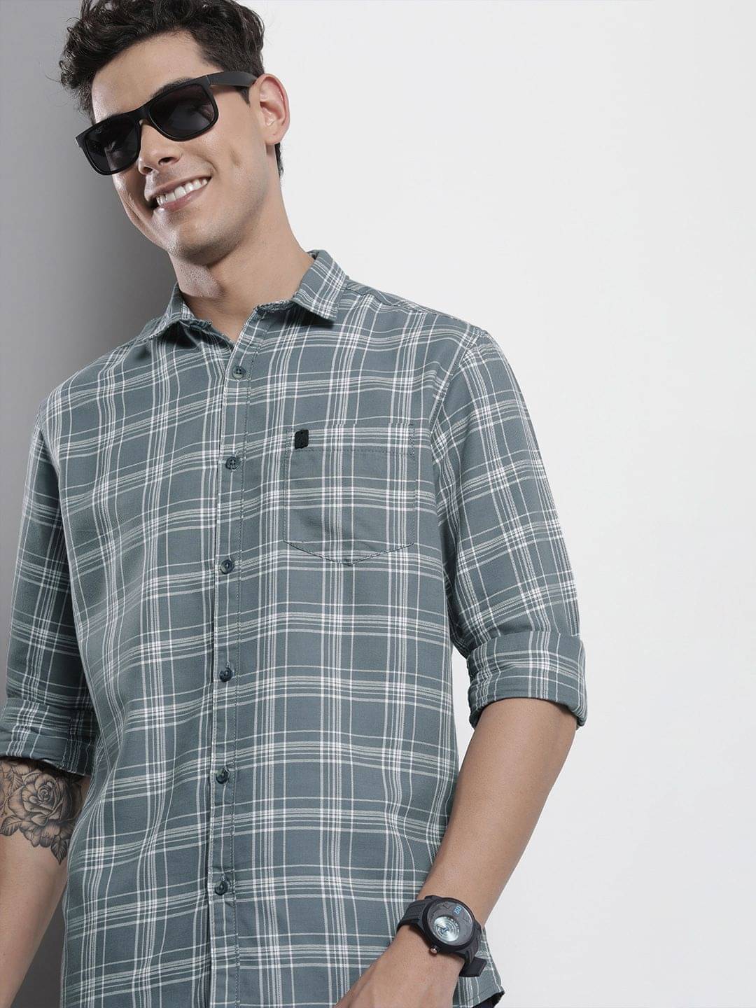 The Indian Garage Co Men Grey & White Checked Cotton Casual Shirt The Indian Garage Co Men Grey & White Checked Cotton Casual Shirt