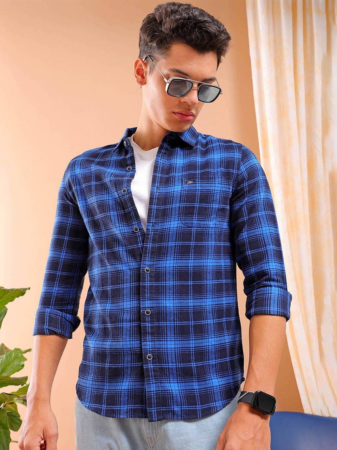 The Indian Garage Co Slim Fit Tartan Checked Cutaway Collar Twill Weave Pure Cotton Shirt The Indian Garage Co Slim Fit Tartan Checked Cutaway Collar Twill Weave Pure Cotton Shirt