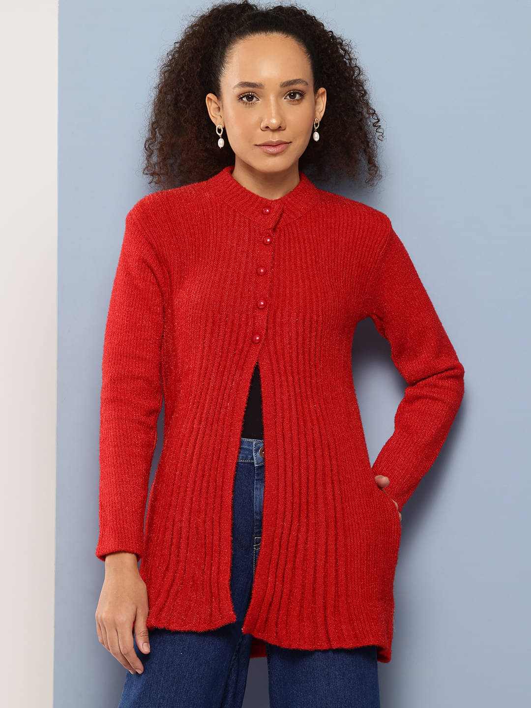     			Aarika Woollen Chinese/Mandarin Collar Women's Buttoned Cardigans - Red ( )