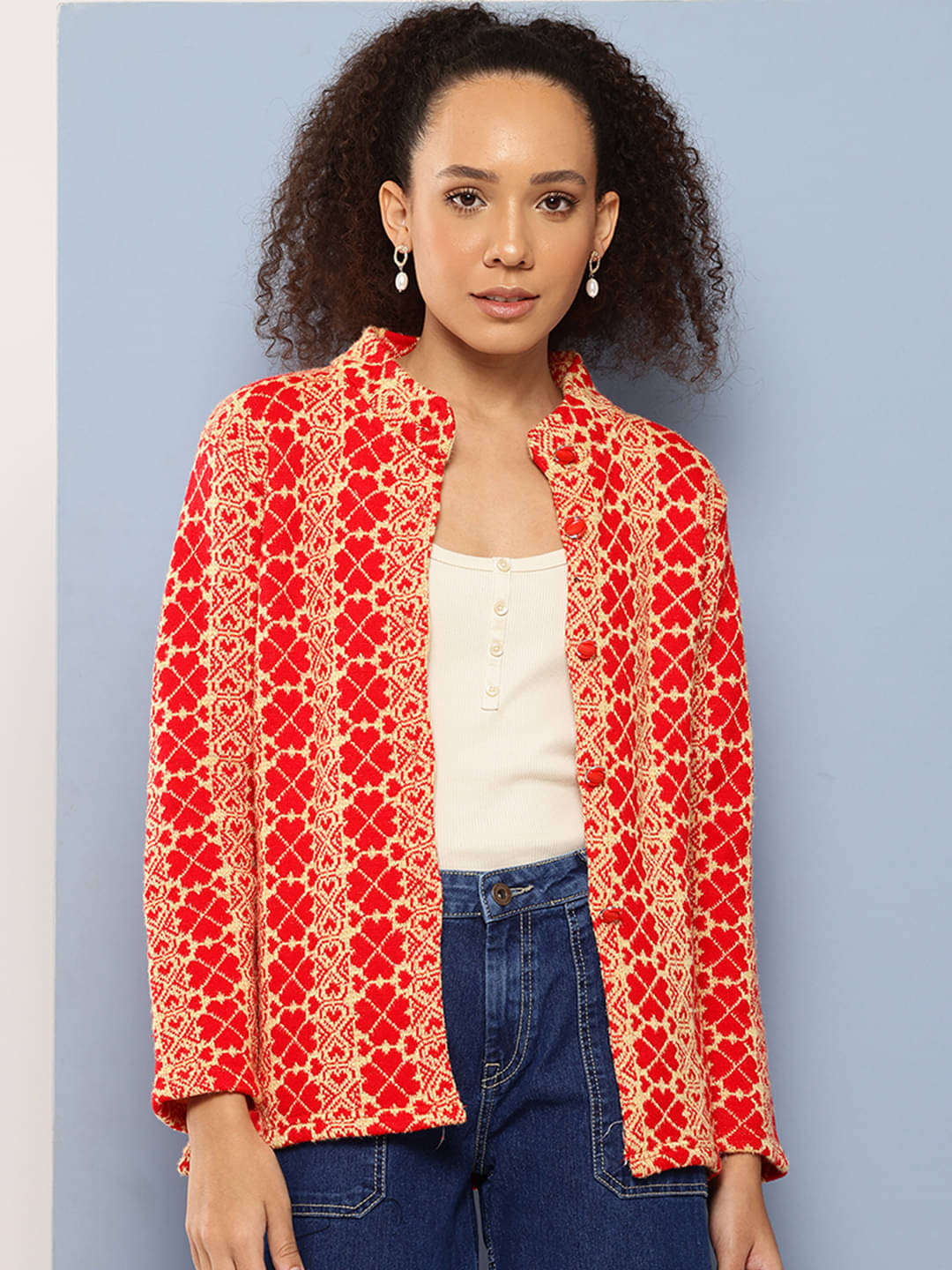     			Aarika Woollen Chinese/Mandarin Collar Women's Buttoned Cardigans - Red ( )