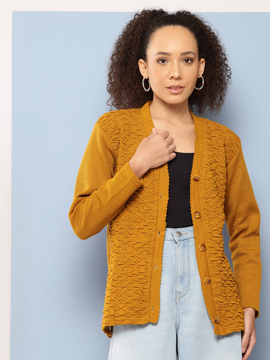     			Aarika Woollen V Neck Women's Buttoned Cardigans - Yellow ( )
