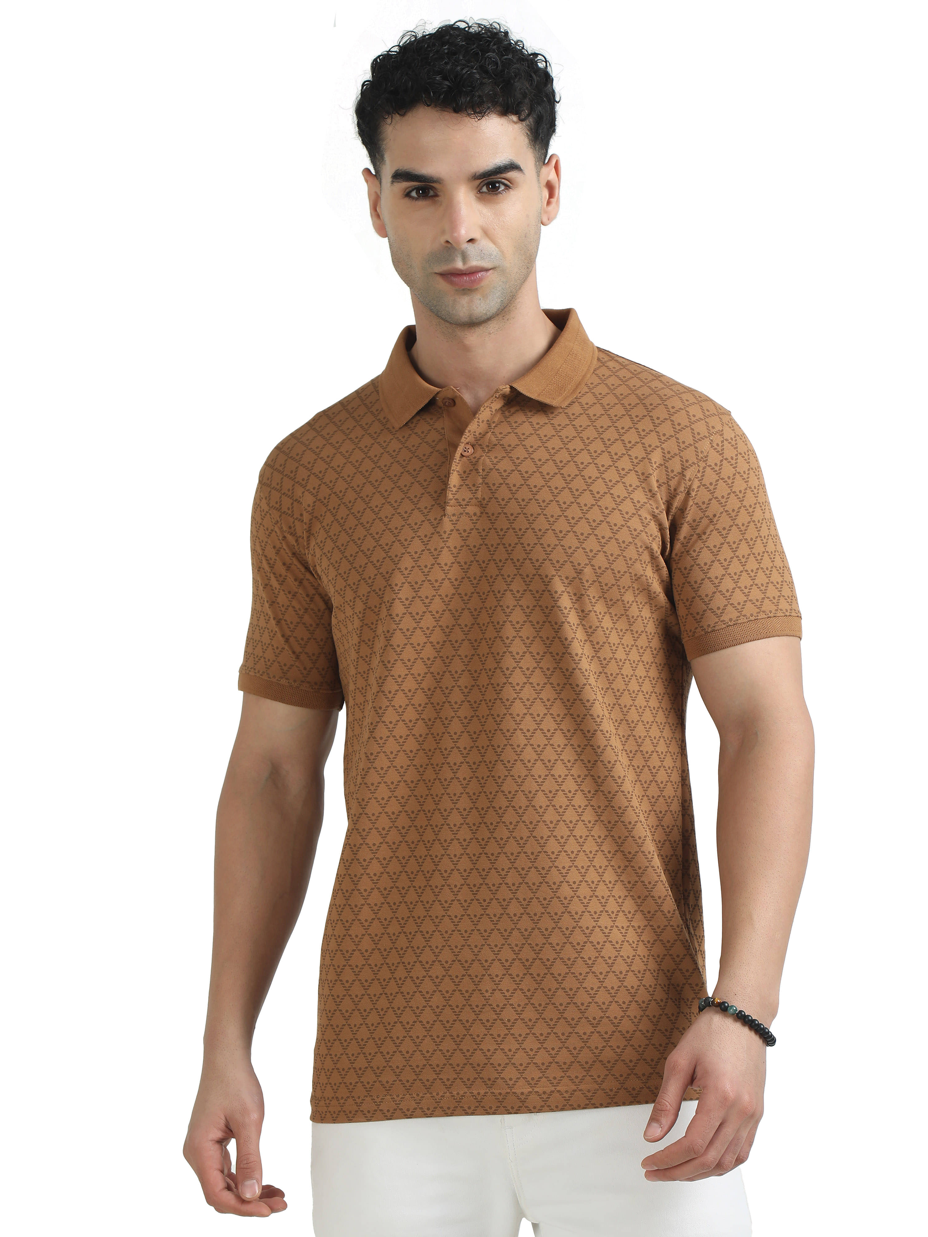 Cool Colors Pack of 1 Cotton Regular Fit Printed Half Sleeves Men's Polo T Shirt ( Beige ) Cool Colors Pack of 1 Cotton Regular Fit Printed Half Sleeves Men's Polo T Shirt ( Beige )