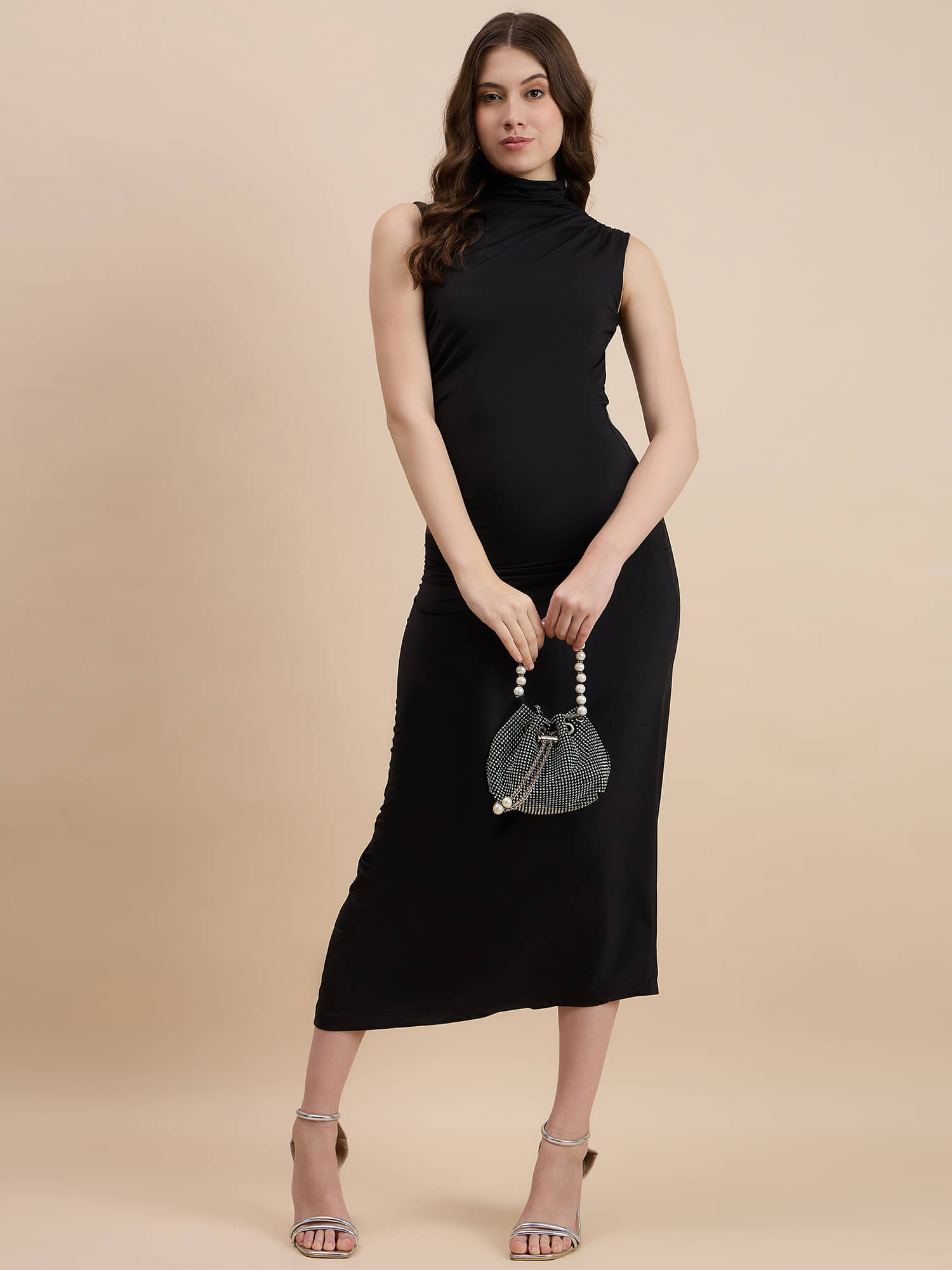     			DRAPE AND DAZZLE Women Cotton Blend Solid A-line Dress ( Black )