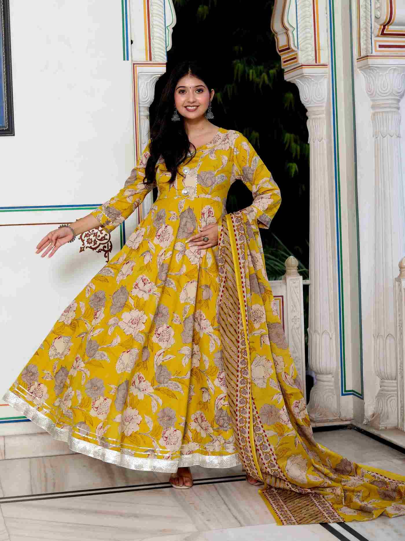Doriyaan Pack of 1 Cotton Printed Anarkali Women's Kurti - ( Yellow ) - Kurtis, Tunics | Buy online on ZillyBuy
