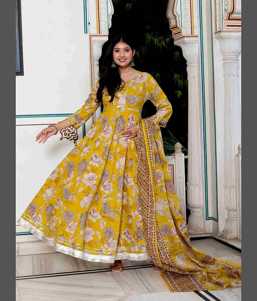 Doriyaan Pack of 1 Cotton Printed Anarkali Women's Kurti - ( Yellow ) - Kurtis, Tunics | Buy online on ZillyBuy