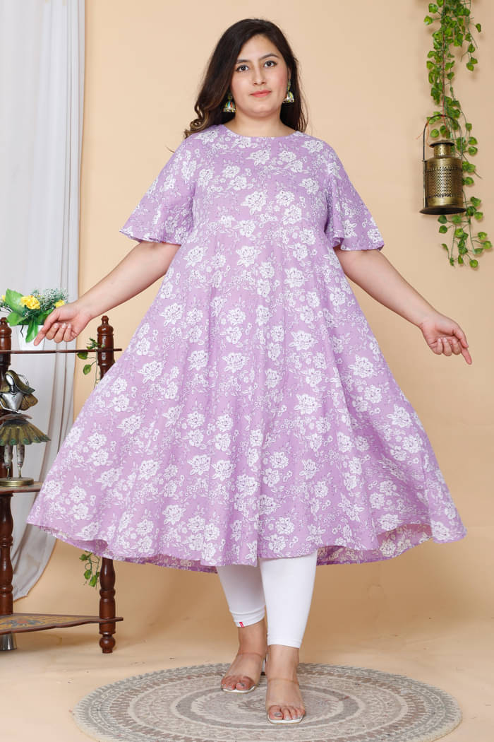 Doriyaan Pack of 1 Cotton Printed Anarkali Women's Kurti - ( Lavender ) Doriyaan Pack of 1 Cotton Printed Anarkali Women's Kurti - ( Lavender )