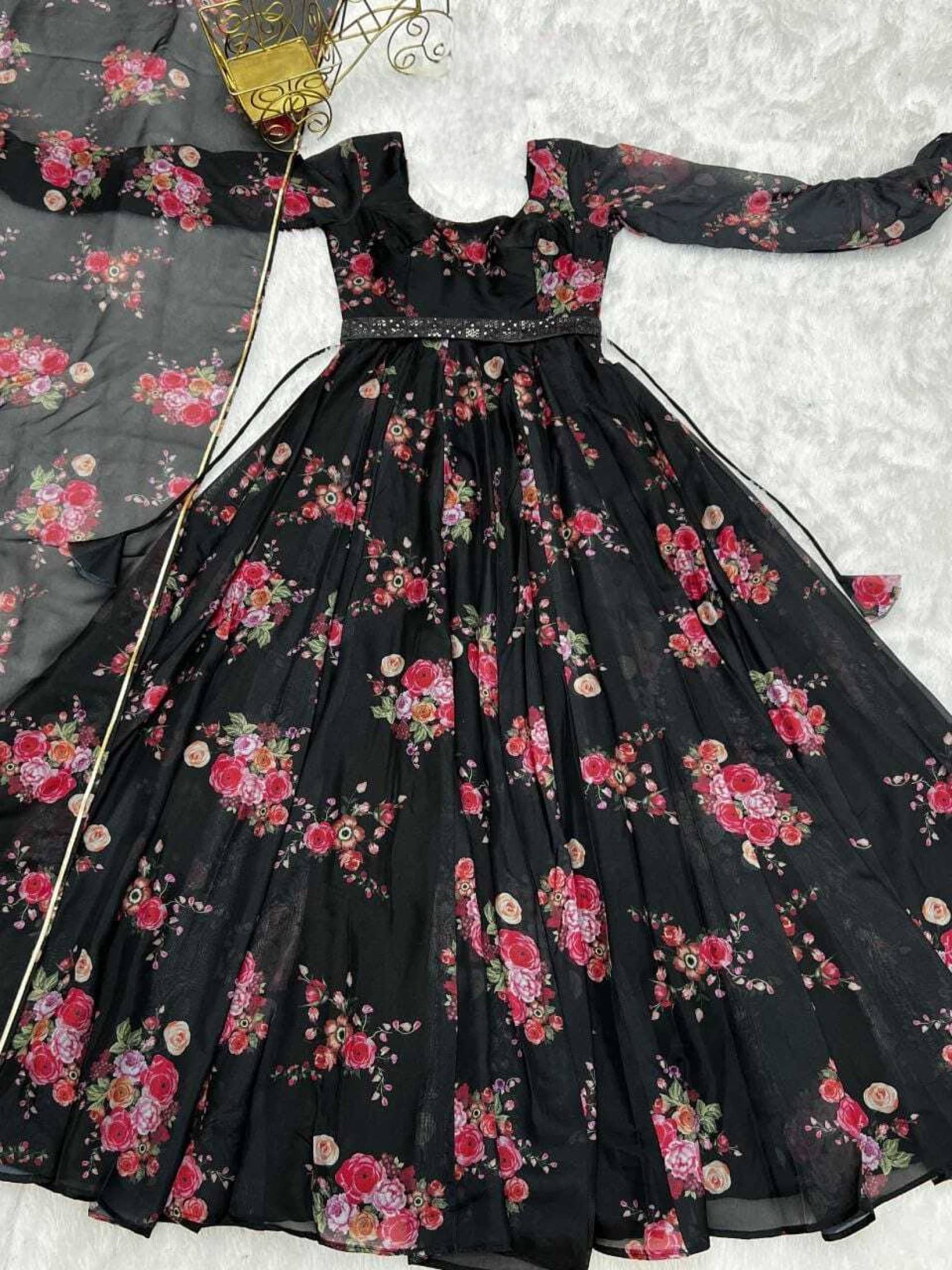 Femvy Black Anarkali Cotton Blend Women's Stitched Ethnic Gown ( Pack of 1 ) - Unstitched Fabrics | Buy online on ZillyBuy
