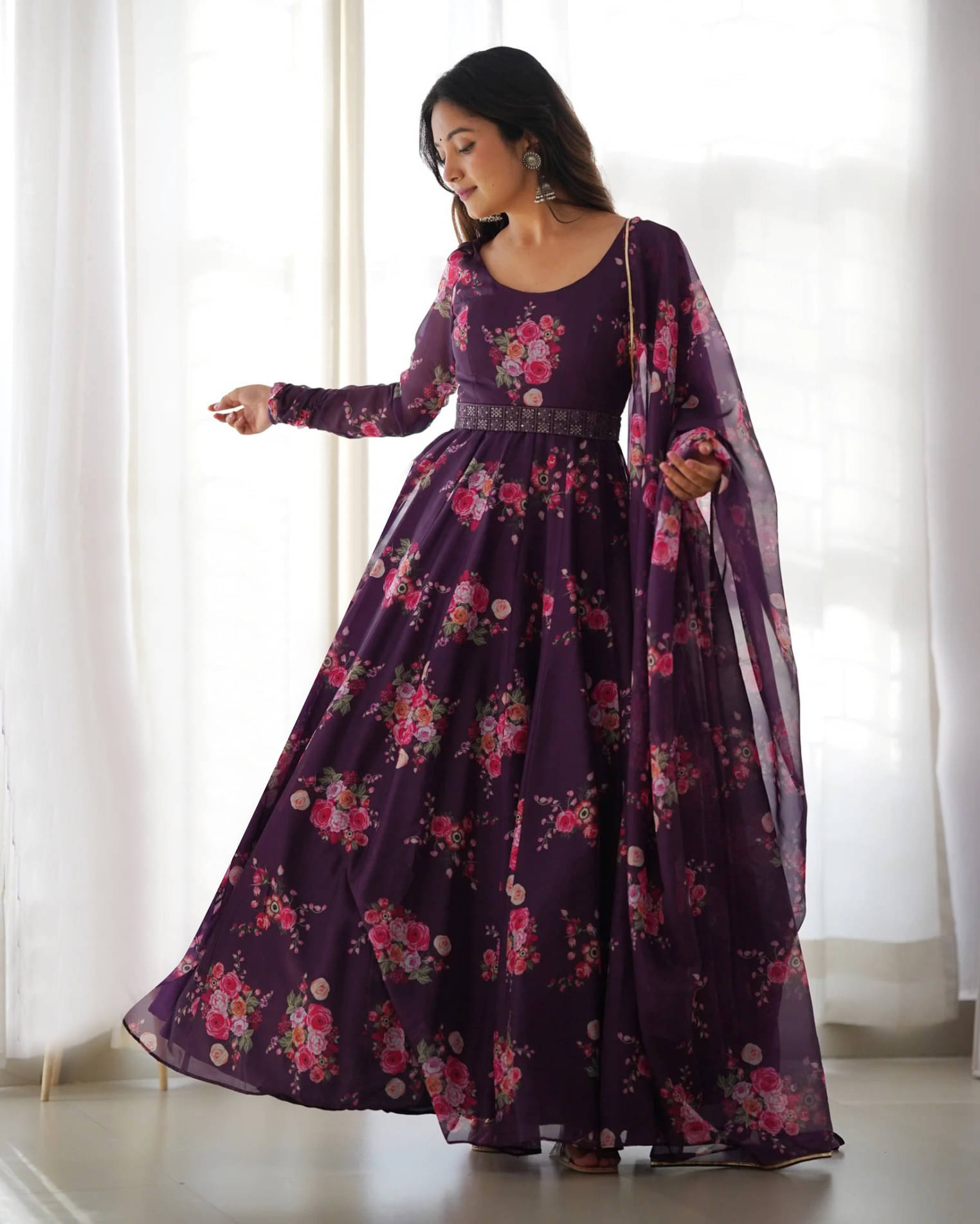     			Femvy Purple Anarkali Cotton Blend Women's Stitched Ethnic Gown ( Pack of 1 )