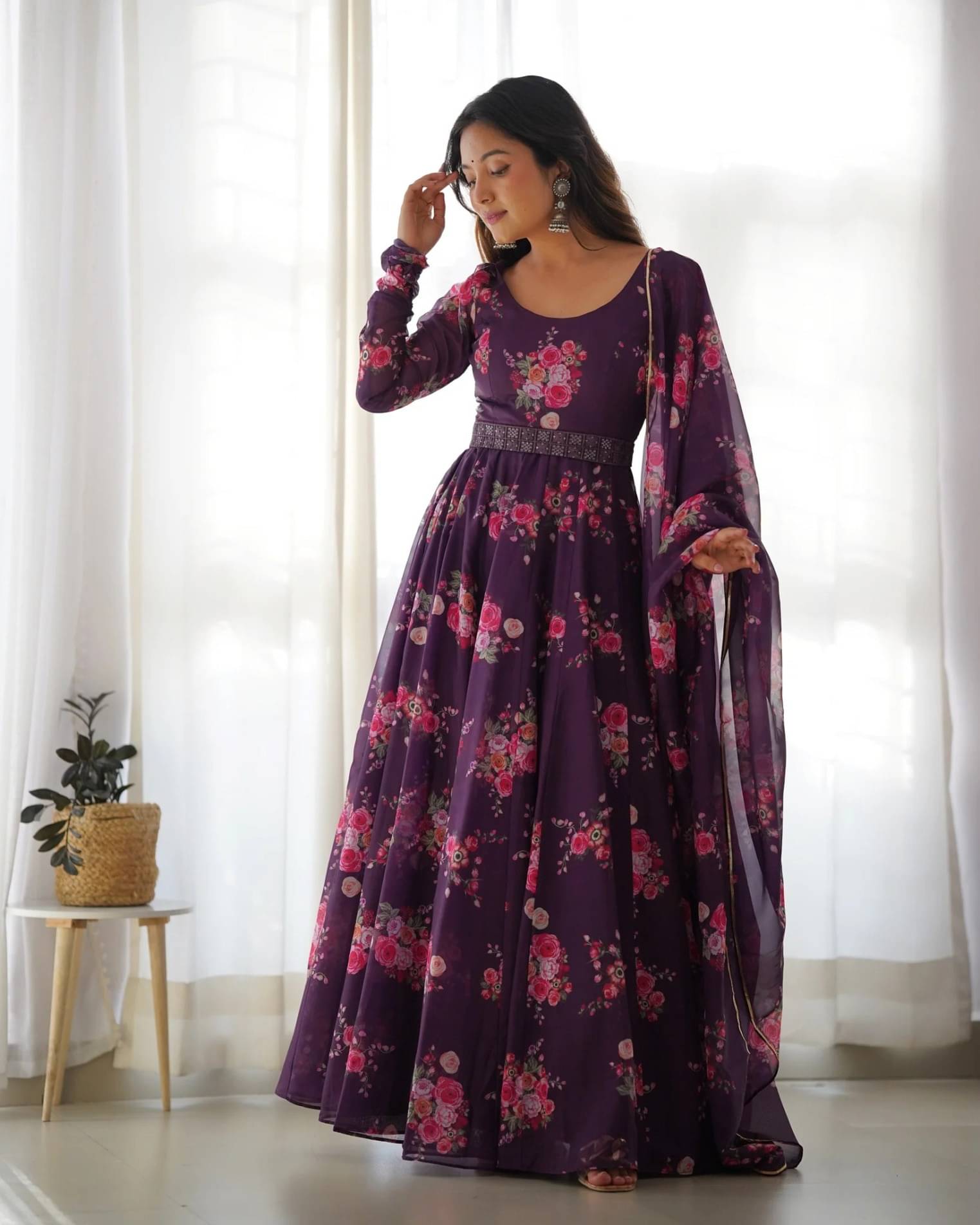     			Femvy Purple Anarkali Cotton Blend Women's Stitched Ethnic Gown ( Pack of 1 )