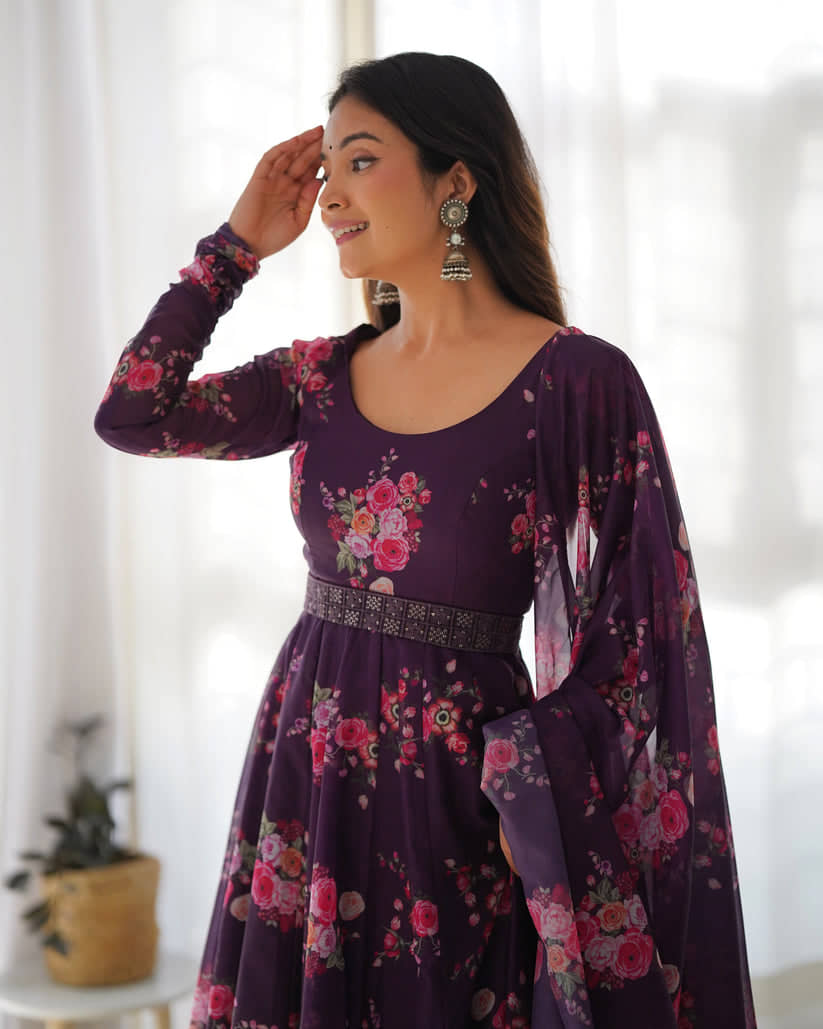 Femvy Purple Flared Cotton Blend Women's Stitched Ethnic Gown ( Pack of 1 ) - Unstitched Fabrics | Buy online on ZillyBuy