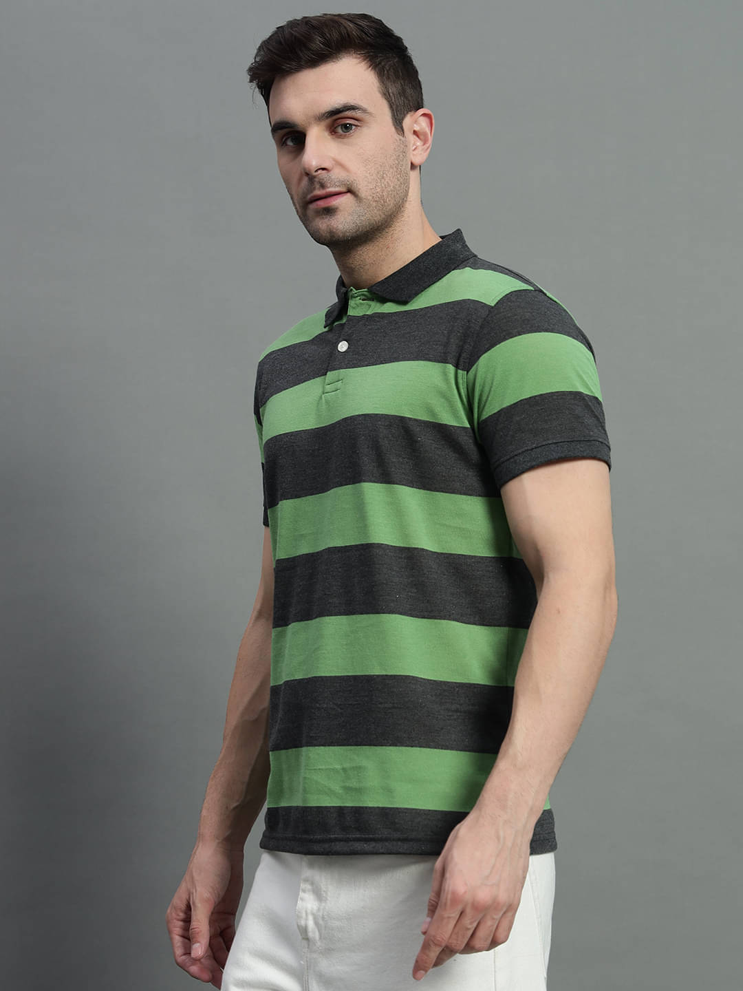 GET GOLF Pack of 1 Cotton Blend Regular Fit Striped Half Sleeves Men's Polo T Shirt ( Grey )     			GET GOLF Pack of 1 Cotton Blend Regular Fit Striped Half Sleeves Men's Polo T Shirt ( Grey )