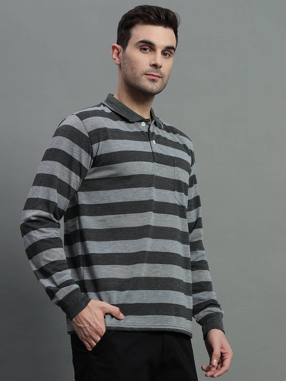 GET GOLF Pack of 1 Cotton Blend Regular Fit Striped Full Sleeves Men's Polo T Shirt ( Grey )