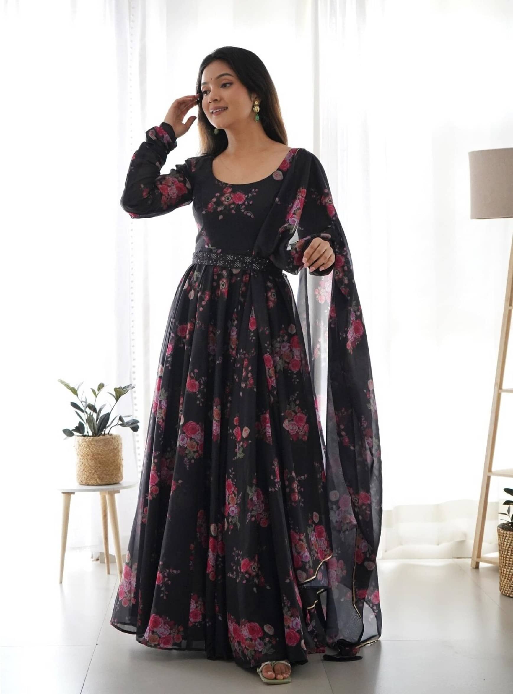 JASH CREATION Black Flared Cotton Blend Women's Stitched Ethnic Gown ( Pack of 1 ) - Unstitched Fabrics | Buy online on ZillyBuy