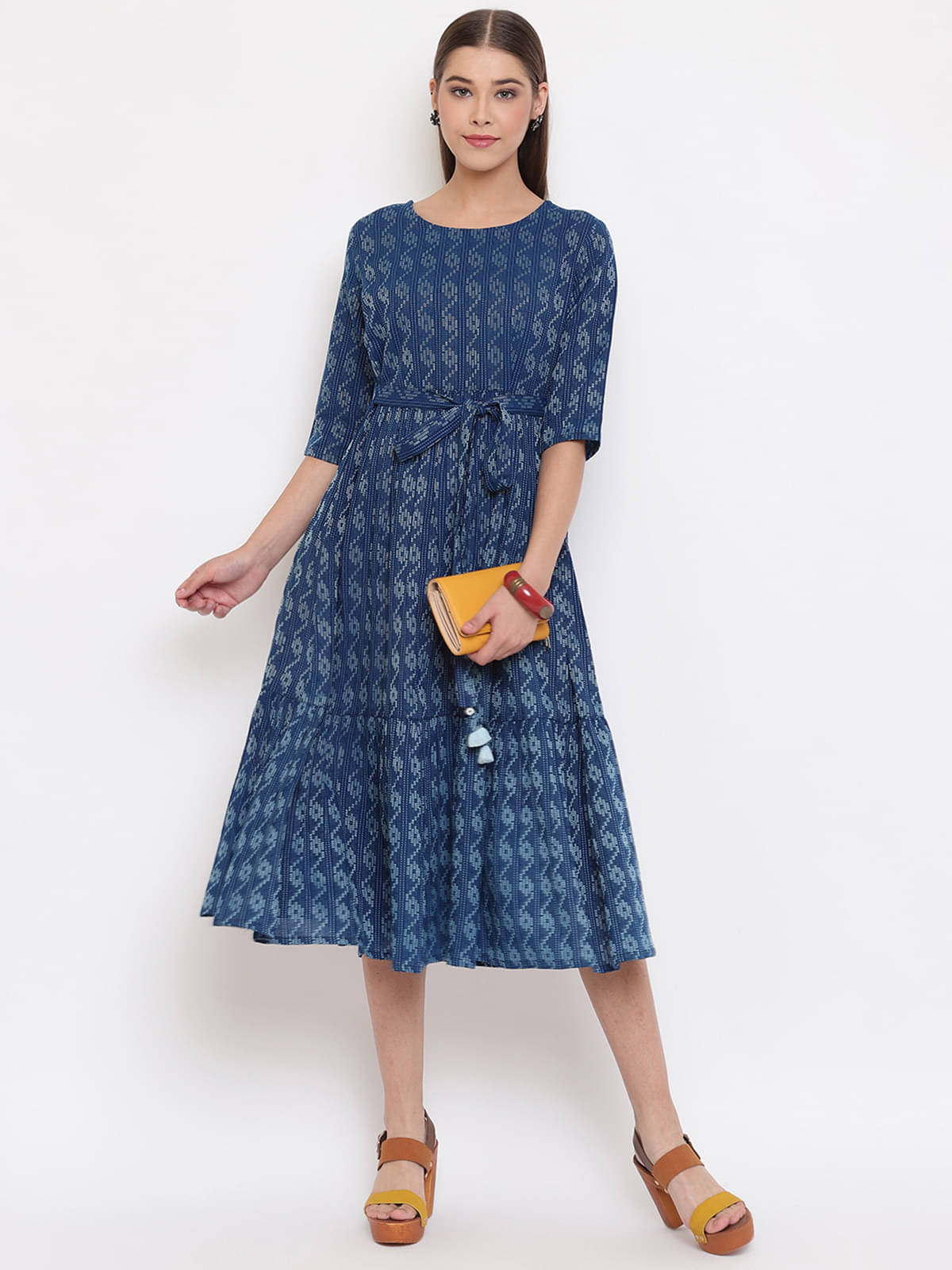 Janasya Cotton Printed Midi Women's Fit & Flare Dress - Blue ( Pack of 1 ) Janasya Cotton Printed Midi Women's Fit & Flare Dress - Blue ( Pack of 1 )