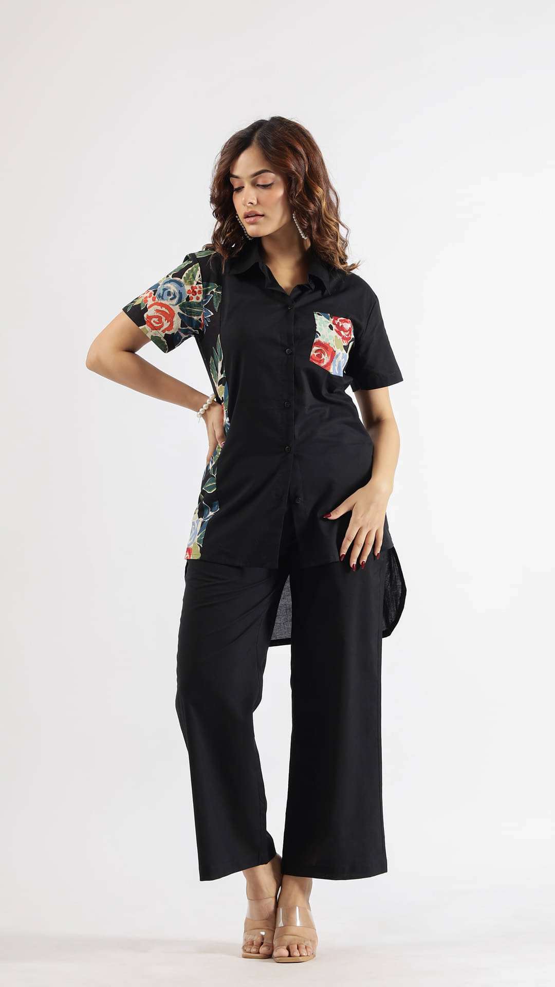     			Label Flavia Women Printed Shirt With Trousers Co-Ord Set ( Black )