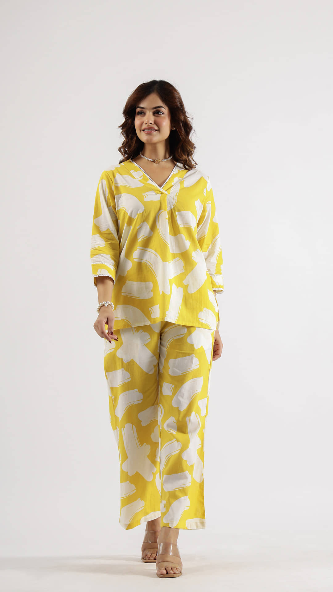Label Flavia Women Printed Top With Palazzos Co-Ord Set ( Yellow )