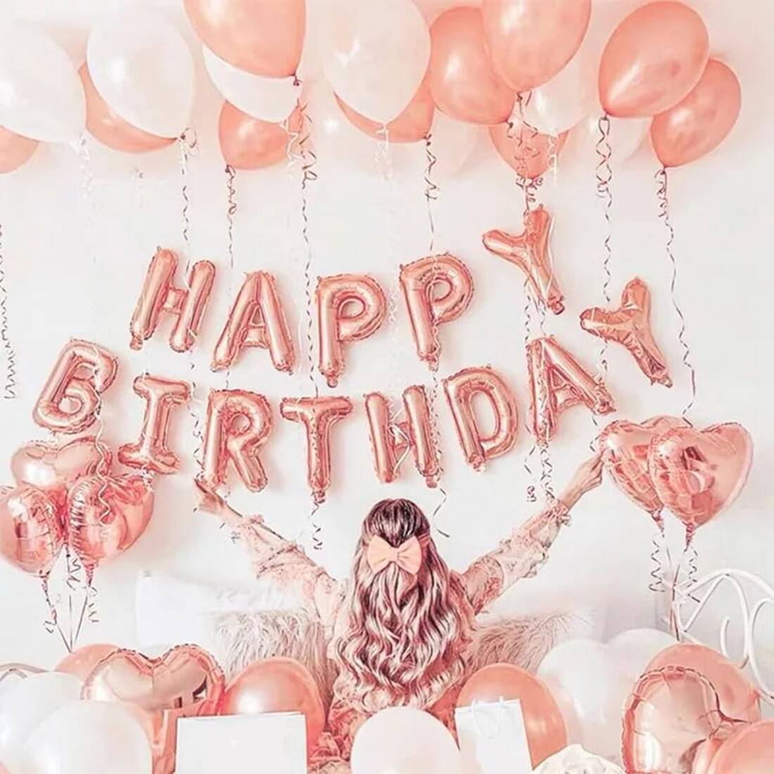     			PartyBooms Happy Birthday RoseGold Foil Banner, 6 Rosegold Heart Foil Balloons, 10 pcs Each White, Rosegold Metalic Balloons (Pack of 27)