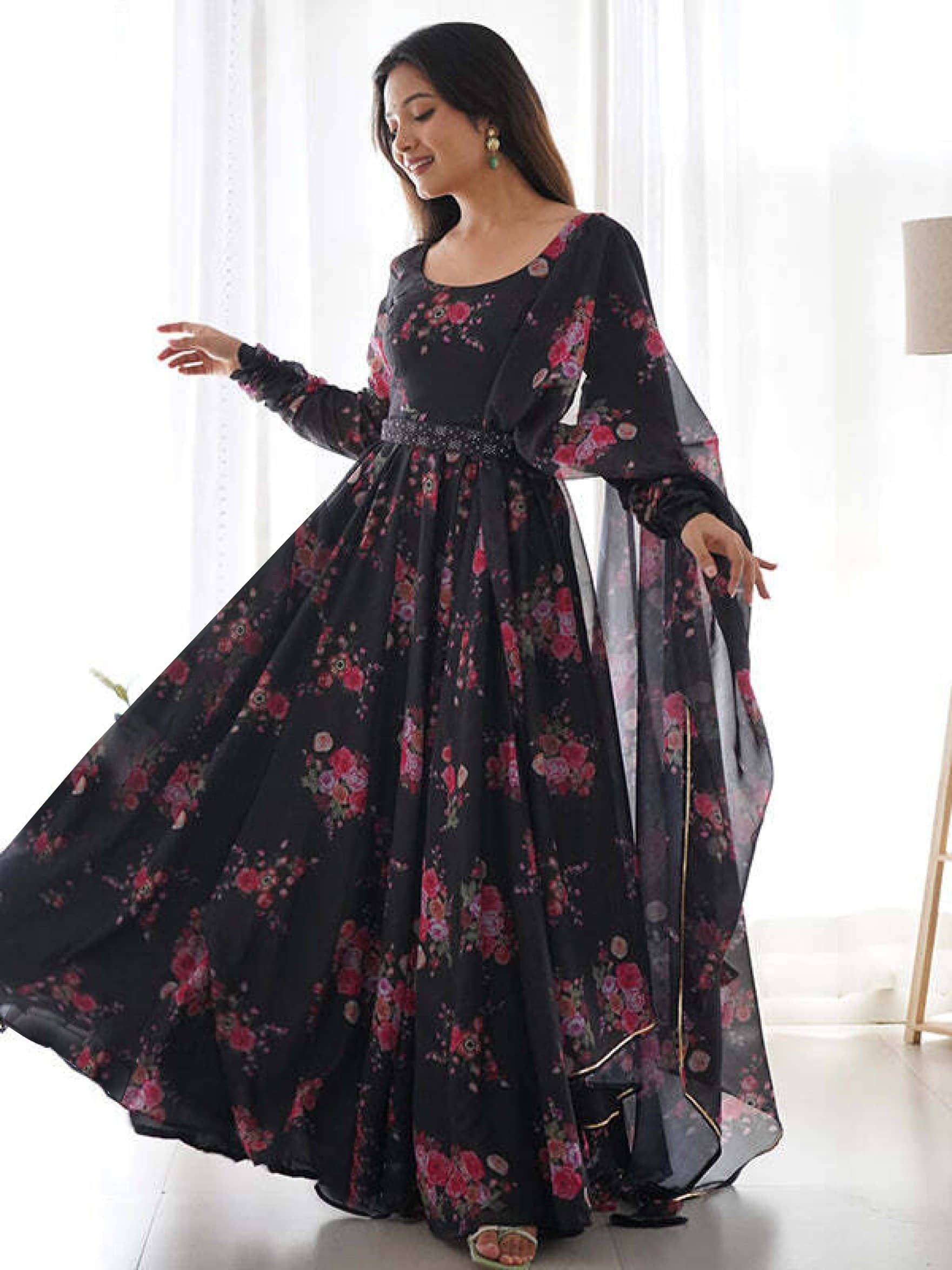 RAIYANI FASHION Black Flared Cotton Blend Women's Stitched Ethnic Gown ( Pack of 1 ) - Unstitched Fabrics | Buy online on ZillyBuy