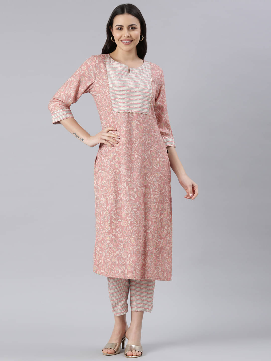     			Samhitas Rayon Printed Kurti With Pants Women's Stitched Salwar Suit - Peach ( Pack of 1 )