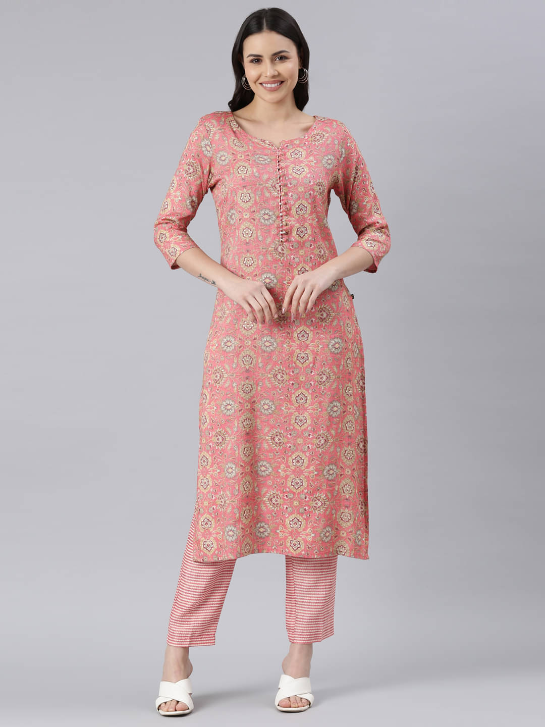     			Samhitas Rayon Printed Kurti With Pants Women's Stitched Salwar Suit - Peach ( Pack of 1 )