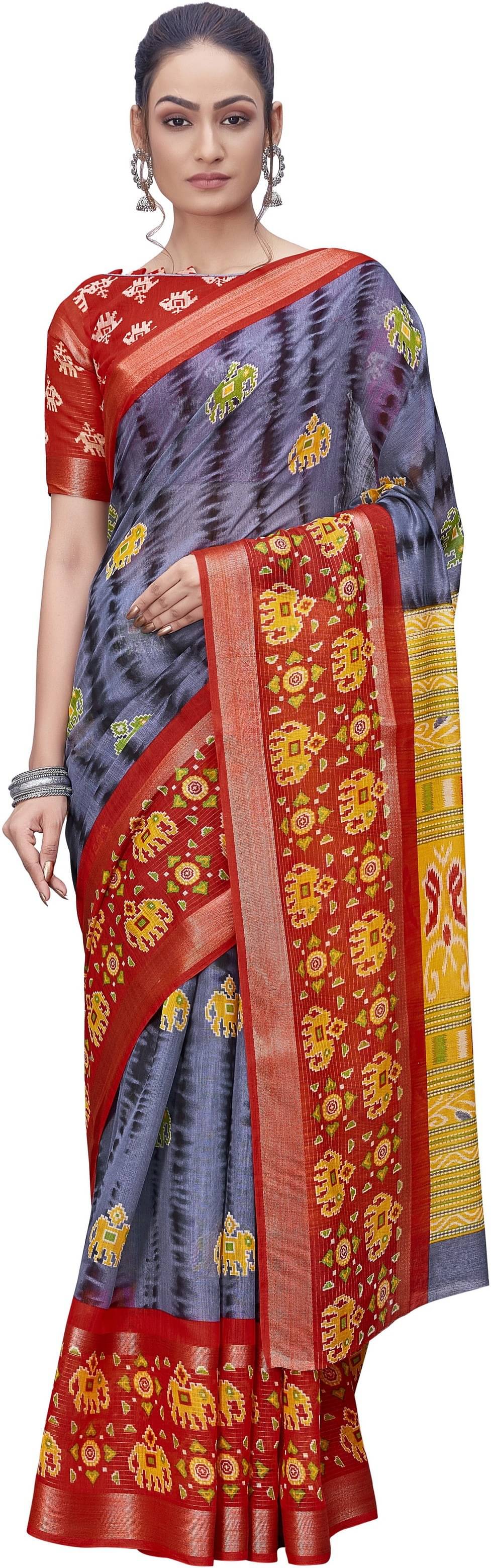 Sariya Cotton Silk Printed Saree With Unstitched Blouse Piece ( Grey ) Sariya Cotton Silk Printed Saree With Unstitched Blouse Piece ( Grey )