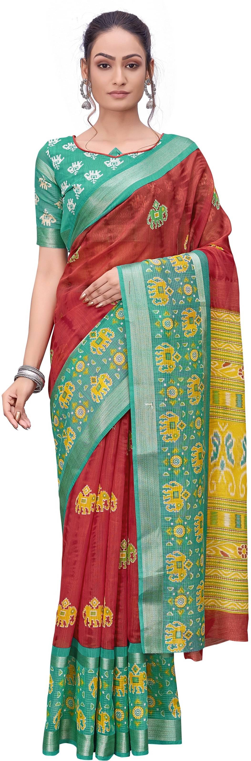 Sariya Cotton Silk Printed Saree With Unstitched Blouse Piece ( Red )     			Sariya Cotton Silk Printed Saree With Unstitched Blouse Piece ( Red )