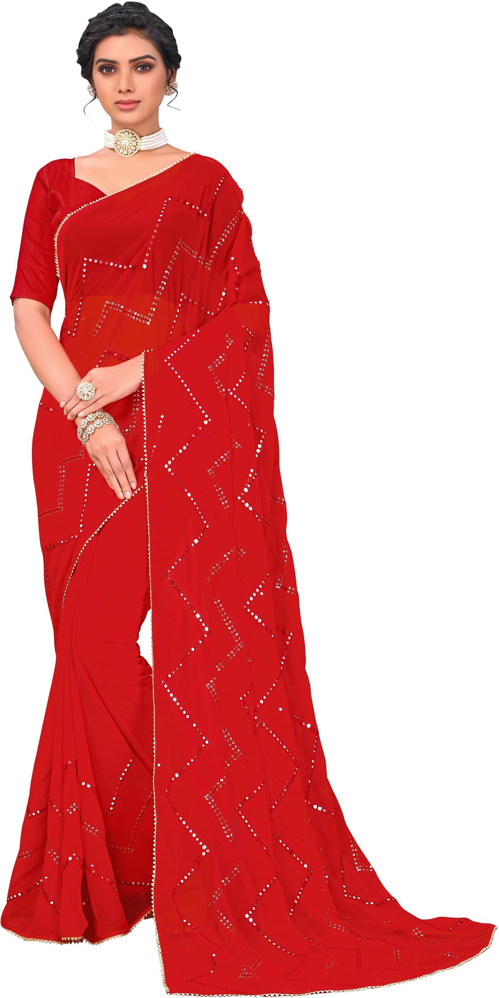     			Sariya Georgette Embellished Saree With Unstitched Blouse Piece ( Red )