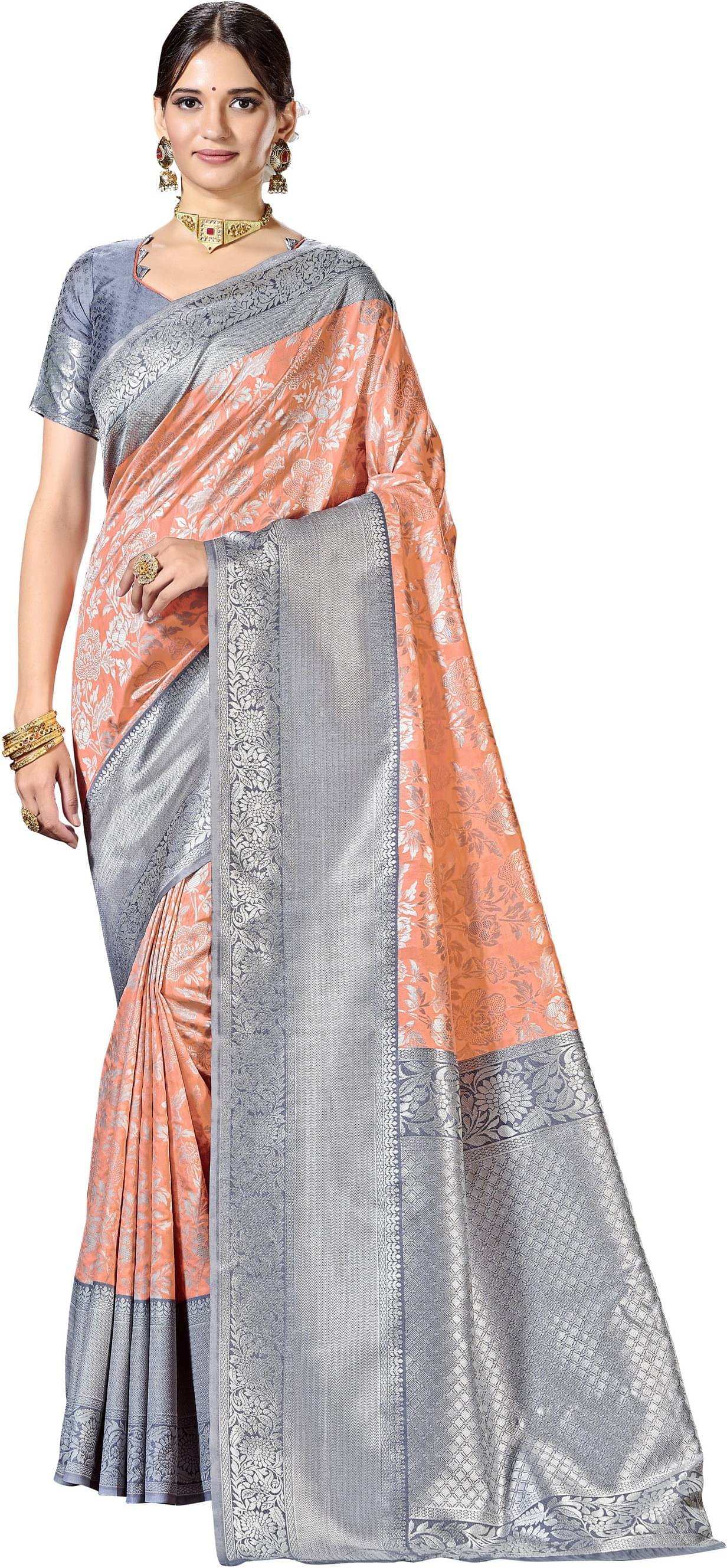 Sariya Jacquard Woven Saree With Unstitched Blouse Piece ( Peach ) Sariya Jacquard Woven Saree With Unstitched Blouse Piece ( Peach )
