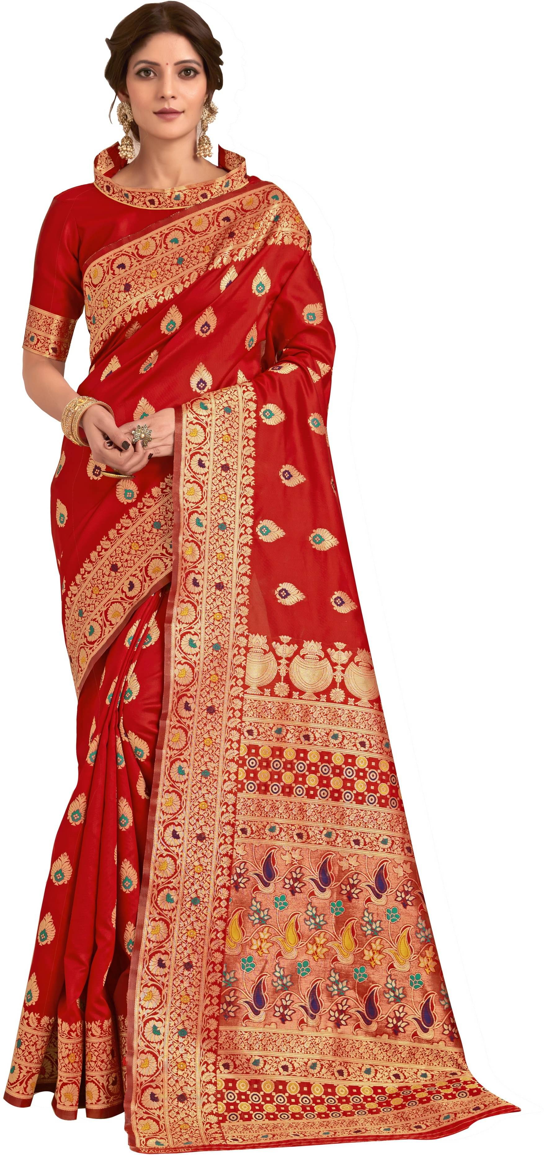     			Sariya Jacquard Woven Saree With Unstitched Blouse Piece ( Red )